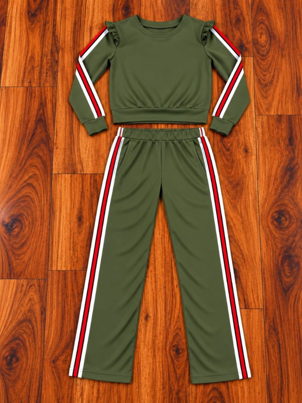 Olive Green 2-Piece Racing Stripe Tracksuit Set Ruffle Top & Pants